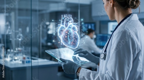 Female doctor examining futuristic holographic heart model on tablet in modern laboratory, medical technology healthcare innovation cardiology research science concept