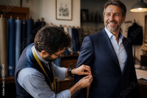 Man getting fitted for a custom suit by a tailor in a professional tailor shop setting