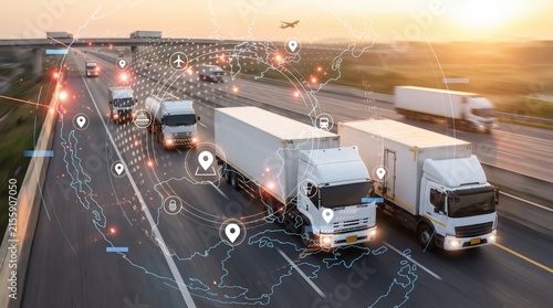 Smart logistics network with trucks on highway, global supply chain tracking, AI powered transportation management system for efficient freight delivery and route optimization