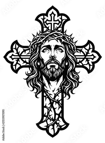 Jesus Christ With Crown Of Thorns On Ornate Cross, Black And White Vector Illustration, Christian Religious Symbol Isolated On White Background