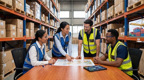 Diverse warehouse team discussing logistics plan over map at table, supply chain management, shipping coordination, industrial workers meeting, distribution center operations