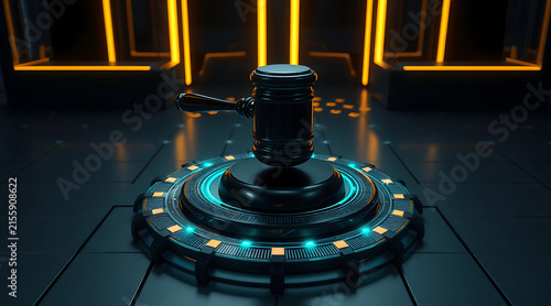 Legal gavel law court justice judgment legal wooden platform glowing futuristic