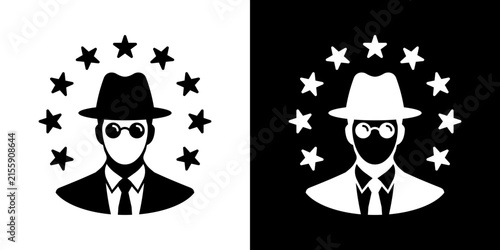 Foto Secret agent or spy avatar in fedora hat and sunglasses surrounded by EU stars circle