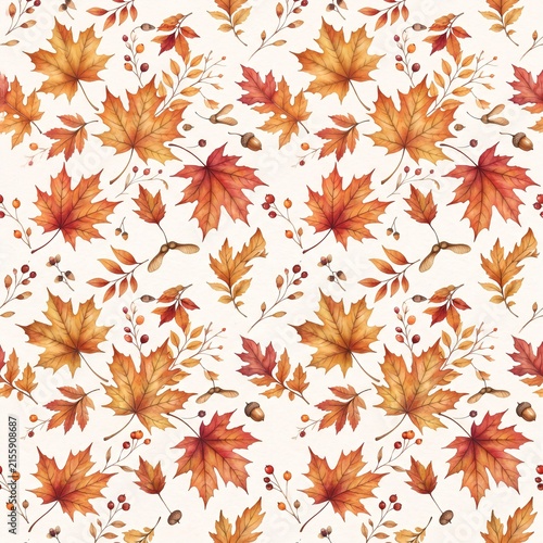 Pattern featuring autumn elements, including orange and red maple leaves (Acer spp.), oak leaves (Quercus spp.), acorns, and branches with berries. Background is light beige, enhancing the warm colors