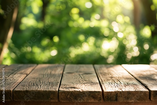 Empty wooden table top with soft bokeh forest background for product presentation
