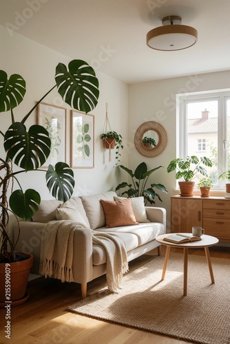 Cozy Scandinavian Living Room with Sofa, Houseplants, and Warm Natural Light