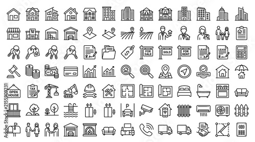 Bild auf Leinwand 100 property and real estate outline icons with editable thin strokes for home s