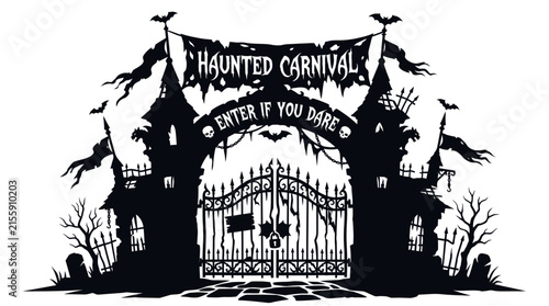 Haunted Carnival Gate Illustration with Spooky Castle and Bats