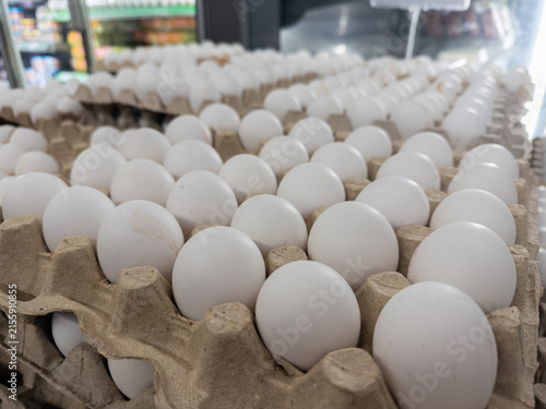 Fresh white chicken eggs are neatly packed in sustainable cardboard pulp cartons on a supermarket shelf to showcase organic produce distribution for retail grocery store sales