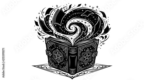 Magical open book with swirling cosmic energy and mystical symbols
