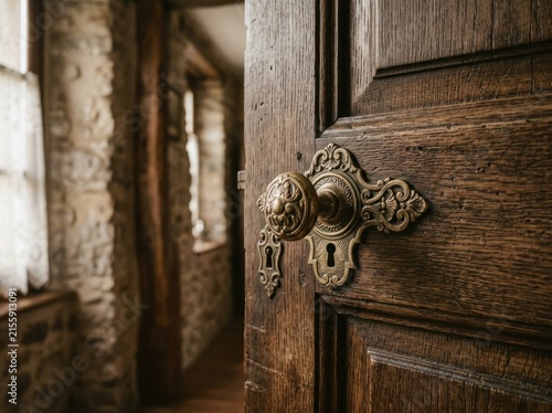 Antique Wooden Door with Ornate Brass Handle and Keyhole.