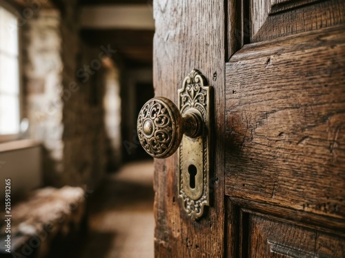 Antique Wooden Door with Ornate Brass Doorknob and Keyhole.