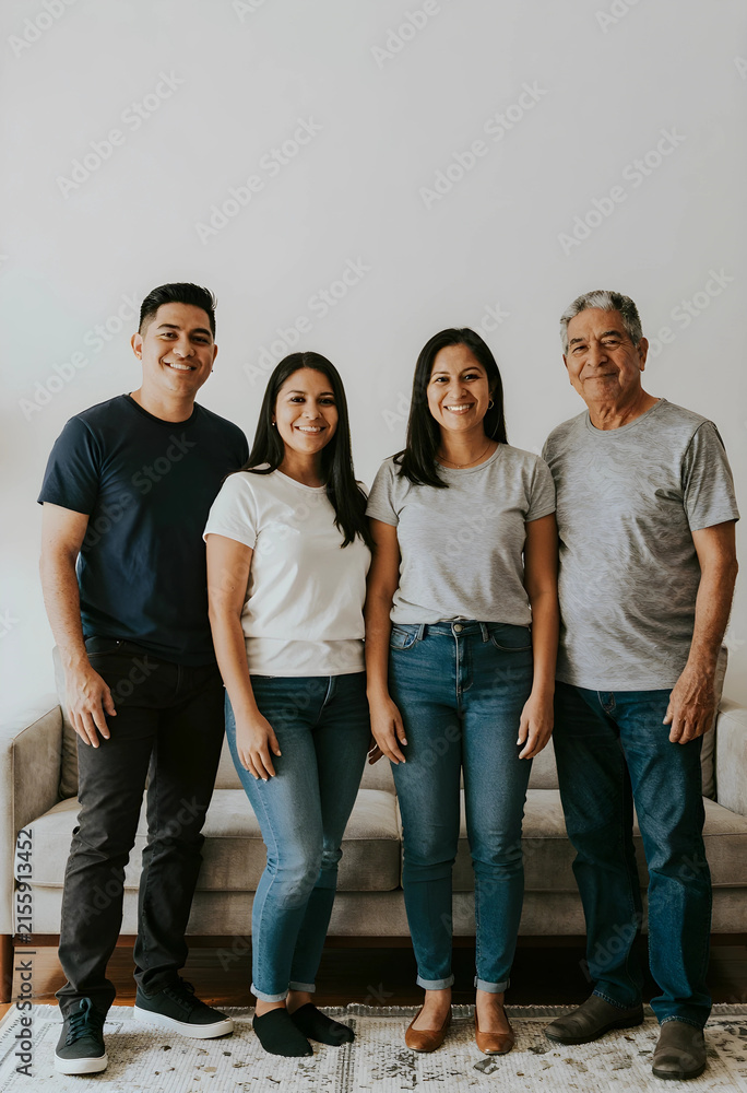 Obraz premium Happy multi-generational hispanic family portrait standing together in a bright living room at home