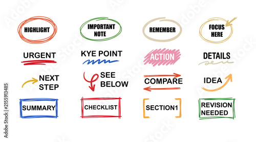 A vibrant collection of hand drawn colorful labels and signs featuring various call to action words perfect for notes reminders and organizational projects