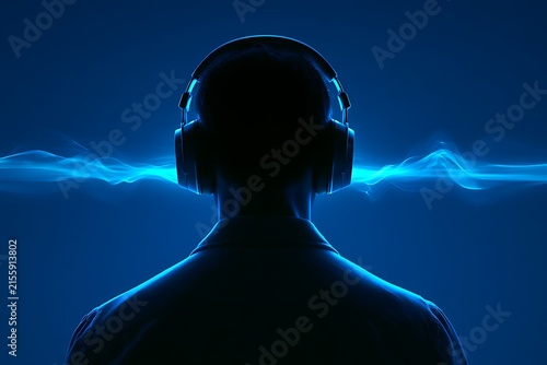 Silhouette of a person wearing headphones with glowing blue sound waves emanating from the ears against a dark blue background