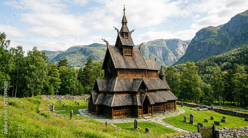 Wooden Stave Church and Graves in Norway, Green Mountains and Forest