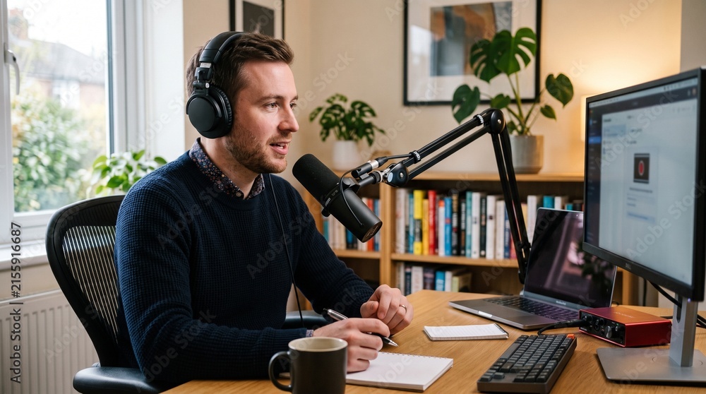 Obraz premium Man wearing headphones talking into a podcast microphone while taking notes at his desk