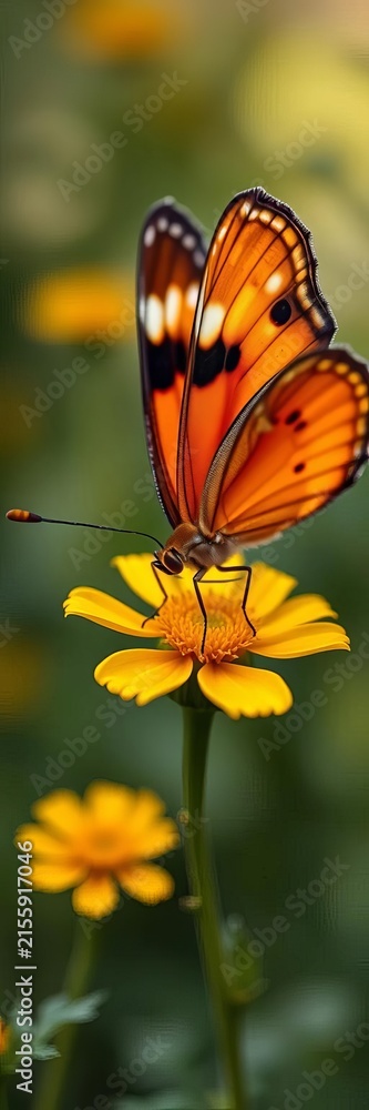 Naklejka premium Delicate orange and black butterfly on yellow flower, hummingbird, garden