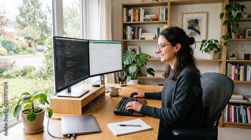Woman working from home at a desk with dual monitors and a laptop, surrounded by plants and books