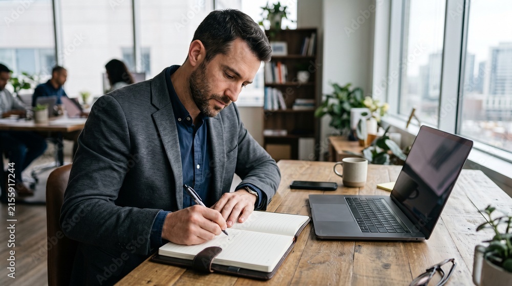 Obraz premium Focused businessman writing in notebook at desk with laptop and city view