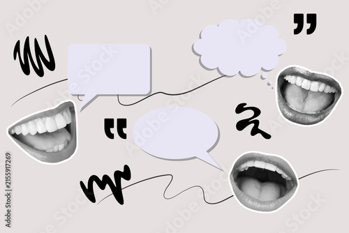 Collage de tres bocas de mujer semitonos con burbuja de chat dialogando junto a elementos geometricos sobre un fondo gris claro. Vista de frente y de cerca. Copy space
