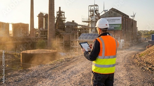 Engineer evaluating infrastructure at an industrial site undergoing transition to sustainable green energy