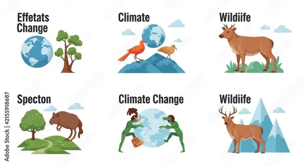 Obraz premium Illustrations of climate change effects on wildlife and ecosystems in six vibrant scenes.