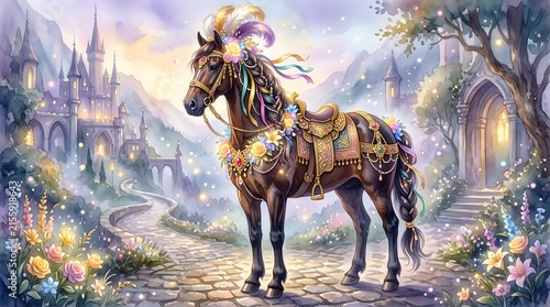 Enchanted Fantasy Horse with Ornate Jewels in Castle Garden