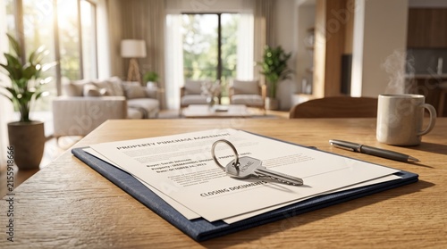 Close-up View of Keys and Property Documents on Table in Modern Living Room with Natural Light and Cozy Interior Design Elements