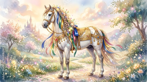 Magical White Horse Adorned with Golden Flowers in a Fairytale Forest
