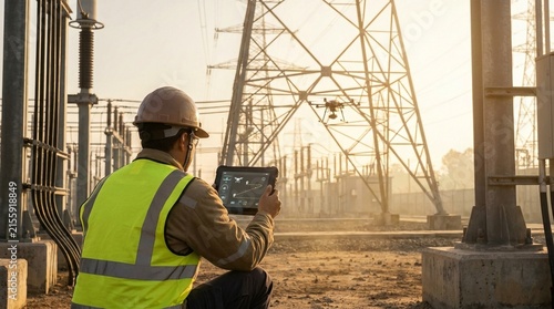 Industrial worker operating a drone with a digital tablet for power grid inspection at a substation