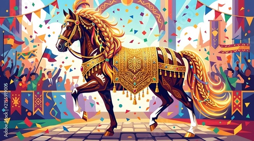Ornate Festival Horse Parade with Golden Decorations and Confetti