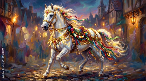 Majestic White Festival Horse in Fantasy Medieval Town Digital Art