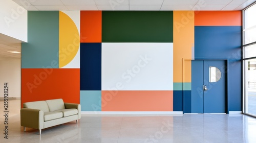 Geometric color block wall mural in modern lobby with sofa and door for interior design branding poster and background