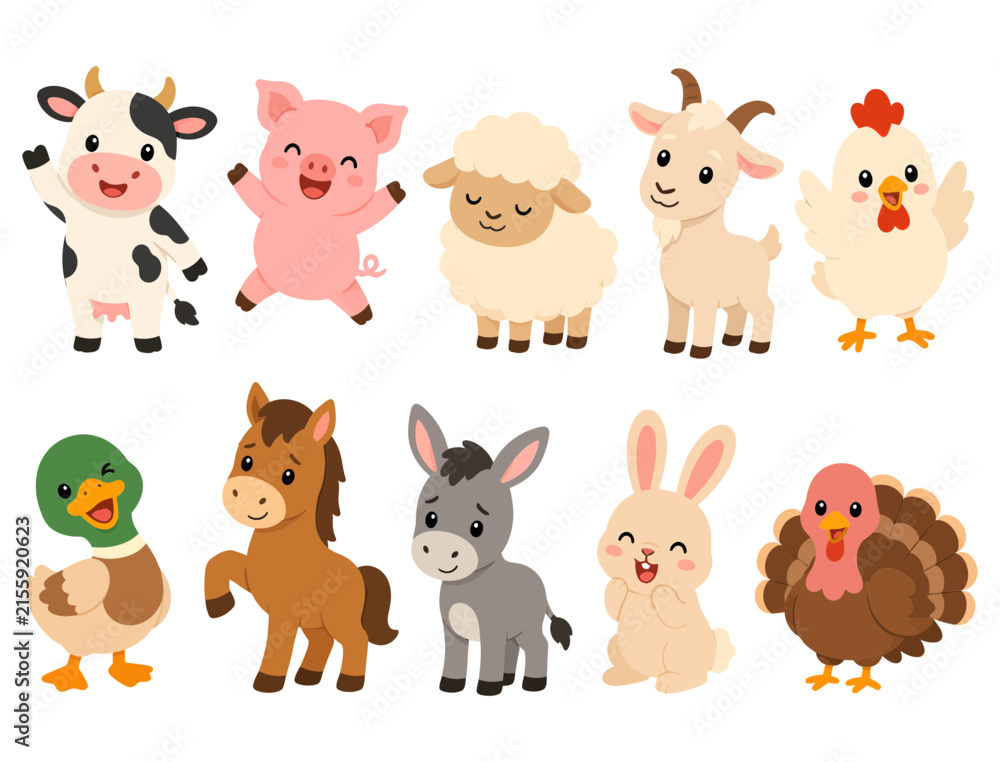 Fototapeta premium Cute cartoon farm animals set with smiling faces and playful expressions in flat design style