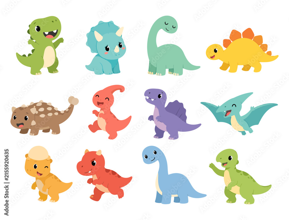 Obraz premium Cute colorful cartoon dinosaurs and animals set isolated on white background for kids design