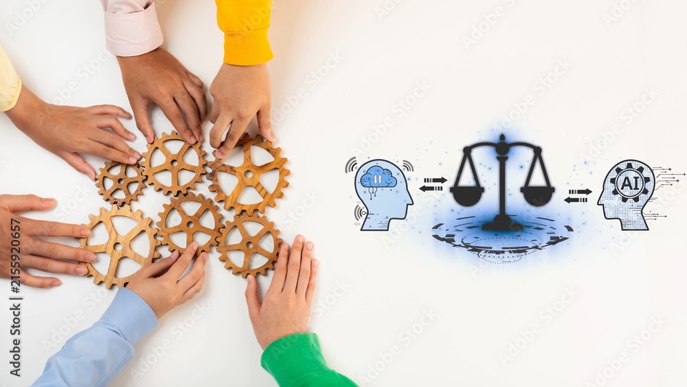 Obraz premium This image depicts collaborative hands working with gears alongside AI symbols, illustrating the balance between human creativity and technological innovation in business. Raster
