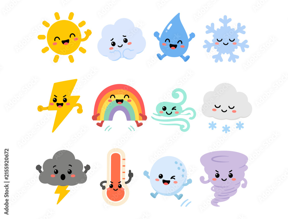 Fototapeta premium Cute weather icons set with smiling sun, rain, rainbow, cloud, snowflake, lightning, and wind characters