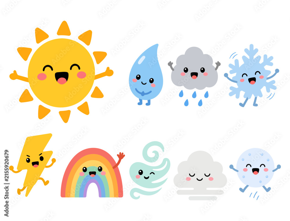 Fototapeta premium Cute weather icons set with smiling sun, rainbow, clouds, snowflake, and raindrop characters