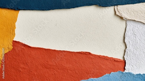 Colorful torn paper collage texture with layered edges and rough fibers for abstract background poster card and craft design
