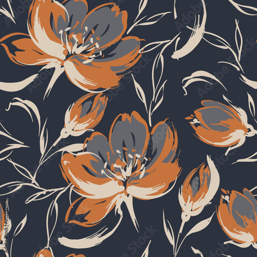 Artistic floral seamless pattern with brush strokes in terracotta, grey, and beige for fashion textiles and wallpaper.