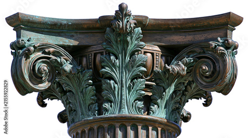 Photography Ornate bronze Corinthian column capital with acanthus leaves, isolated on transp