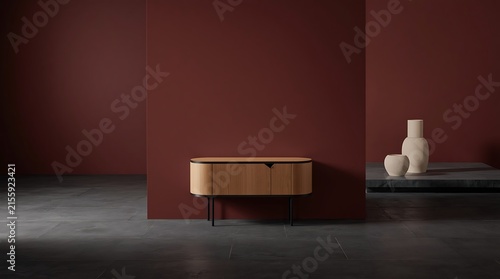 Modern Minimalist Interior Design with Floating Wood Cabinet and Ceramic Vase.