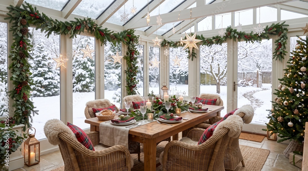 Fototapeta premium Conservatory dining room decorated with Christmas garland