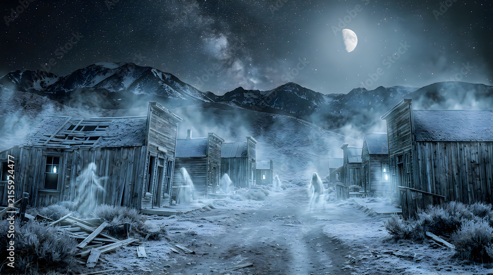 Fototapeta premium Abandoned spooky ghost town in desert with wooden buildings under glowing starry night sky