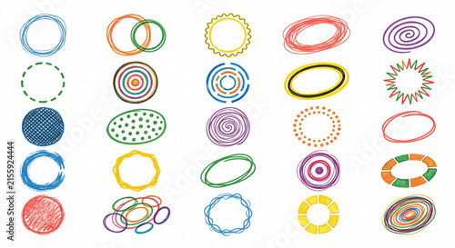 25 Hand Drawn Colorful Circle and Oval Doodle Design Elements .Generative AI