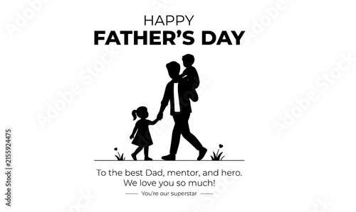 Minimal line art fathers day design with dad and children silhouette