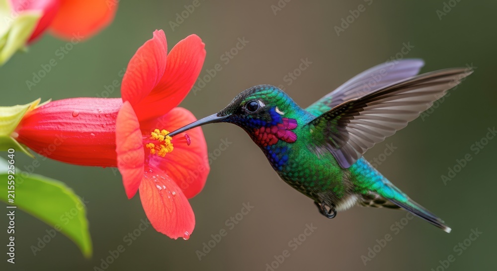 Fototapeta premium Vibrant hummingbird hovering gracefully near a vivid red flower in a lush garden.