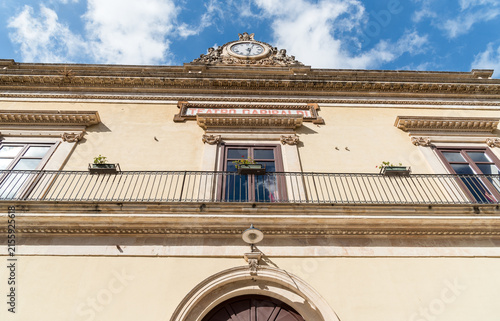 Facade of the historic Garibaldi Theatre in the center of Modica, Sicily, Italy