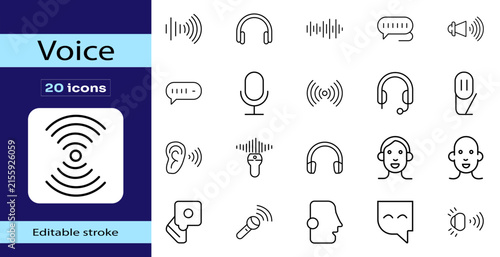 Voice and sound editable stroke icon set featuring microphone, headphones, speaker, audio waves, speech, broadcast, listening, communication and vocal symbols for media.